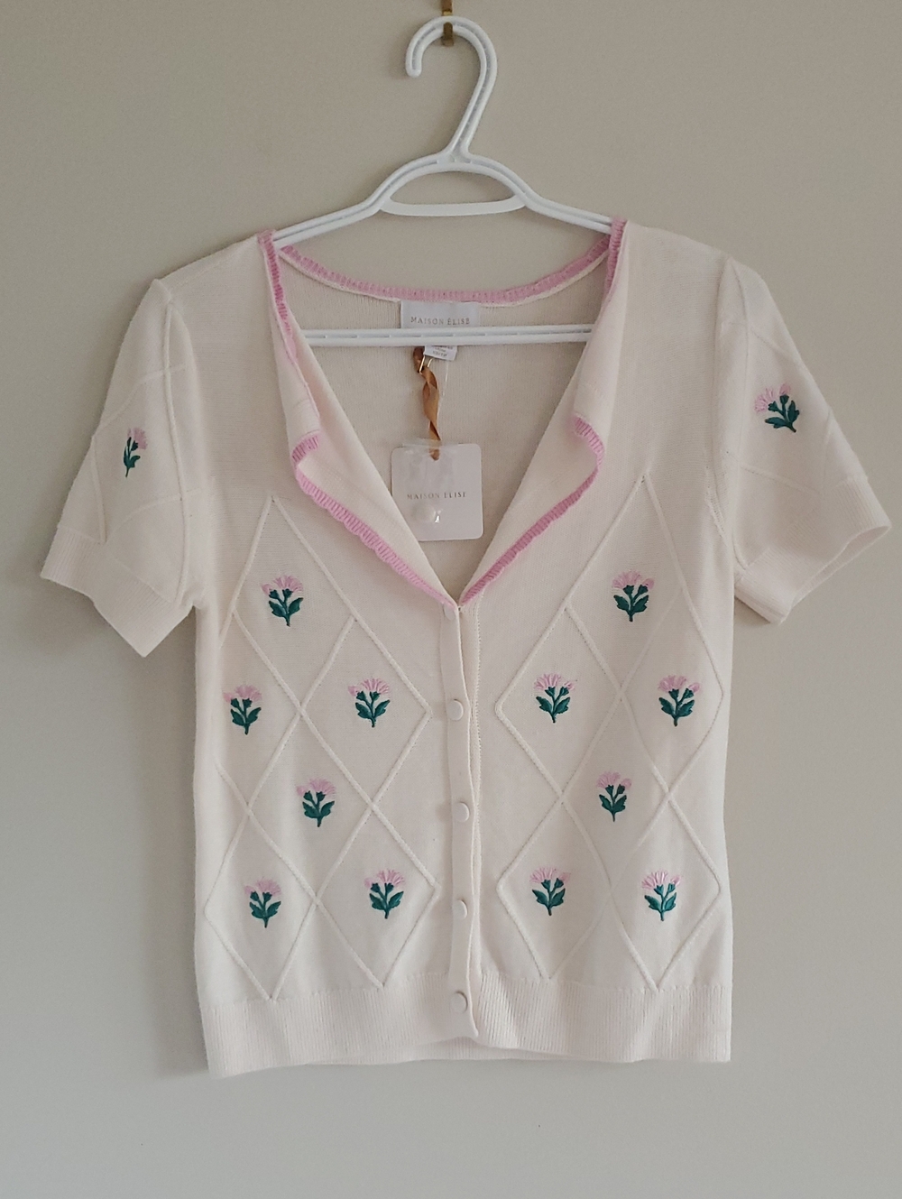 NWT Maison Elise Embroidered Short Sleeve Cardigan in Cream Pink Sz XS Romantic
